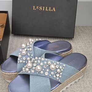 Blue Jeweled Crossband Platform Sandals
